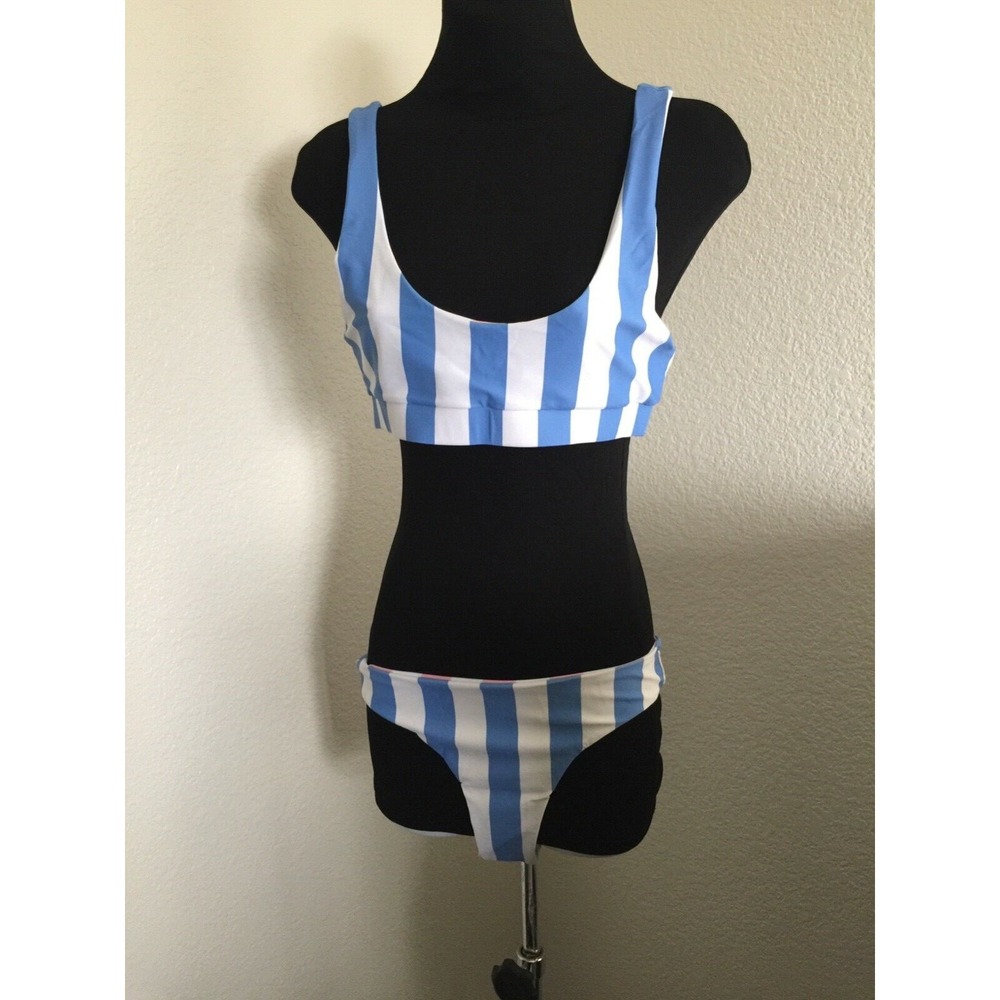 Womens striped Two 2-piece white and blue High leg Cheeky size‎ large new defect